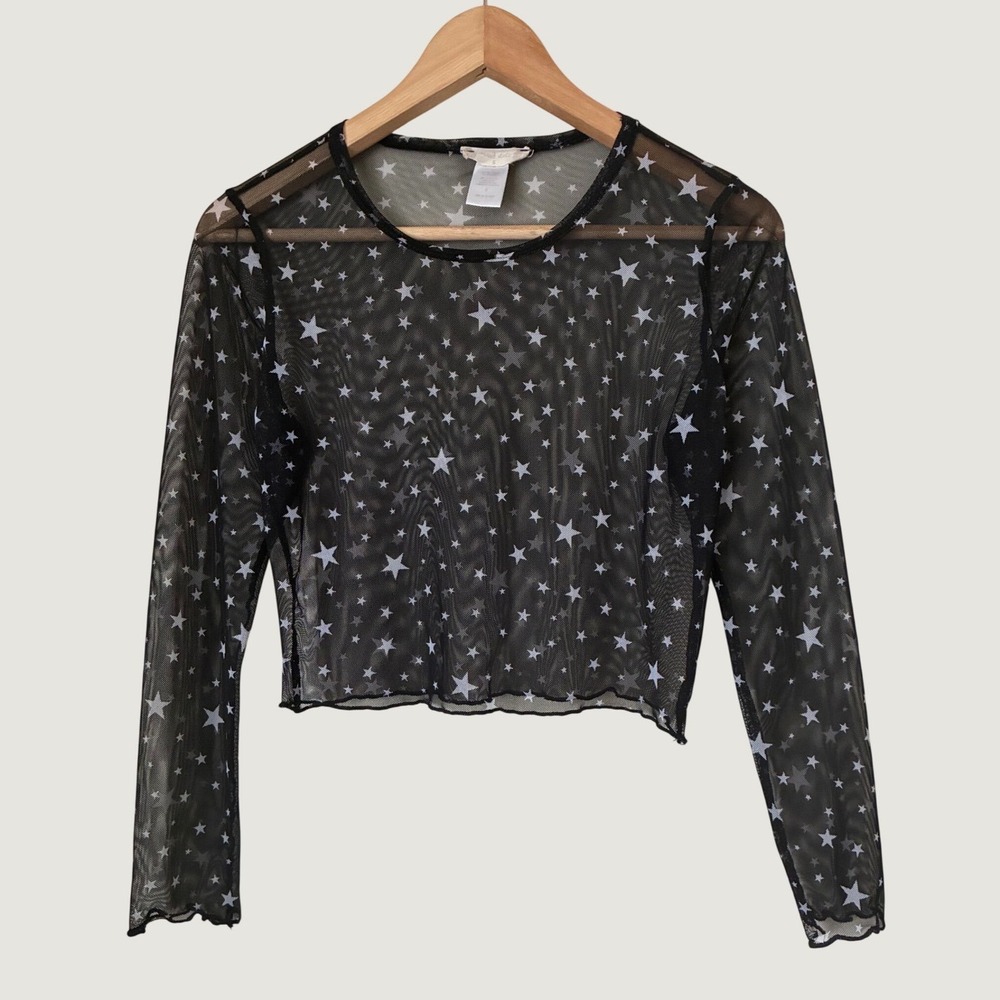 Altar d' State Celestial Black Sheer Mesh Star Print Long Sleeve Top Small Y2K